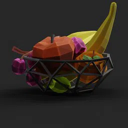 Detailed 3D model of stylized, colorful fruits in a geometric wireframe bowl, optimized for Blender rendering.