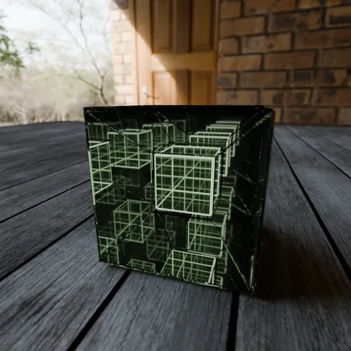 Intricate green wireframe Infinity Cube 3D model with light reflections on Blender Cycles.