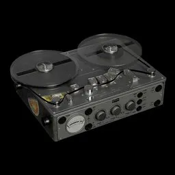 "3D model of a modernist designed audio recorder with two reels, reminiscent of a reel player from the 70s. This Blender 3D model features a close-up view of the recorder in horizontal orientation, with clear sharp image details and grainy tape texture. An ideal choice for those seeking a replica model with an ivory black color scheme for their audio projects."