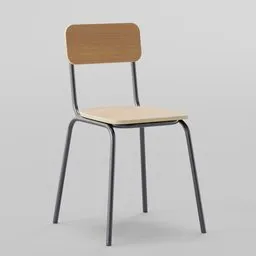 "3D model of an industrial chair for Blender 3D, featuring a wooden seat and backrest with a tall, post-minimalist frame. Perfect for adding a touch of minimalism to your virtual environment. Dimensions of 41x43x73."