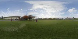 360-degree High Dynamic Range urban park scene with clouds, ideal for realistic lighting in 3D renders.