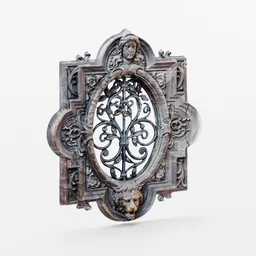 Detailed 3D model of an ornately crafted wooden window with metal grille and sculptural elements, compatible with Blender.