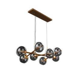 Realistic 3D-rendered modern chandelier with smoked glass globes and metallic accents, suitable for Blender rendering.