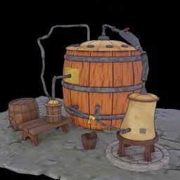 Stylized wooden 3D fantasy lab model with alembic and flasks, textured in Substance Painter for Blender 3D.