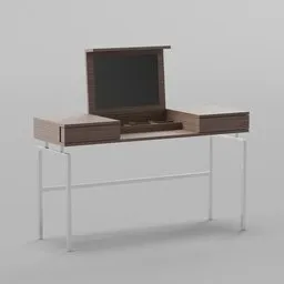 "Wooden dressing table with mirror, a luxury brand inspired by Master of the Legend of Saint Lucy and designed by indi creates. This elegant and minimalist 3D model, created in Blender 3D, features thin pursed lips, fanbox cabinets, and a square masculine jaw, embodying a blend of contemporary and traditional aesthetics."