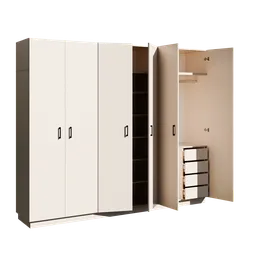 Detailed 3D model of open wardrobe with shelves and compartments, designed in Blender for interior visualization.