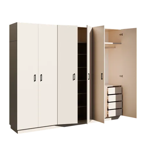 Detailed 3D model of open wardrobe with shelves and compartments, designed in Blender for interior visualization.