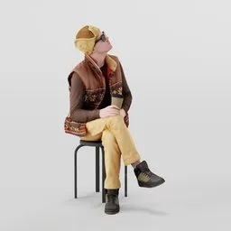 3D model of a stylized young man seated on a stool with coffee, gazing upwards, designed for Blender rendering.