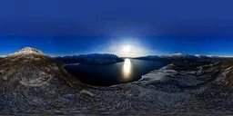 360-degree high dynamic range panorama of a mountainous river landscape with a sunset for 3D scene lighting.