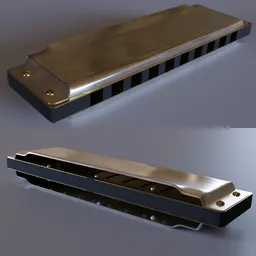 Alt text: "Blender 3D model of a harmonica instrument in metal case on gray background. Non-PBR materials with noise on color and roughness for added texture. Perfect for game development or music-related projects."