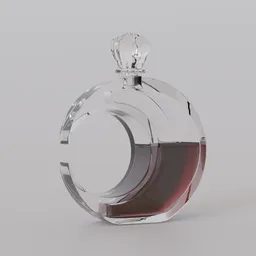 "3D model of a moon-shaped perfume bottle with stopper and liquid, created using Blender 3D software. The bottle features simplified realism inspired by Charles Rollier and is perfect for creating a royal jewels or wine-themed 3D scene. This model includes details such as ray-tracing, Vray renderer, and fur simulation, making it a great addition to any 3D art collection."