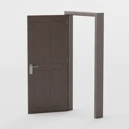 3D render of a realistic brown interior door ajar with frame, designed for Blender modeling and animation.