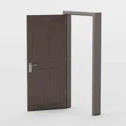 "Interior Door and Frame #17 3D model for Blender 3D - photorealistic brown door with handle on white background. Comes with constraints for easy opening and closing."