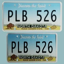 3D modeled North Dakota vehicle license plate with low-res texture, ideal for general car/truck models in Blender.