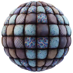 High-resolution PBR old patchwork plaid texture in blue for 3D rendering, ideal for Blender artists.