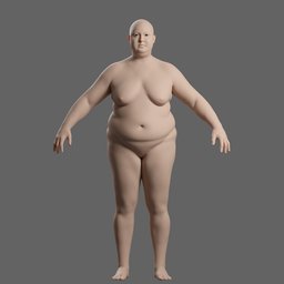 Detailed 3D overweigh female figure with facial features and body rig, low-poly and ready for Blender modeling and game design.