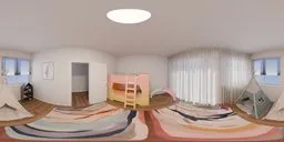 Bright children's room with bunk bed, teepees, colorful rugs, and natural lighting for HDR lighting scenes.