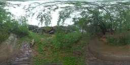 Rainy riverbank scene with lush greenery for realistic HDR lighting in 3D rendering and simulations.