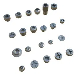 Variety of detailed 3D screw heads for Blender, useful for architectural and industrial design visualization.