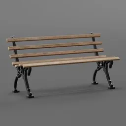 "A photorealistic wooden park bench with metal legs for Blender 3D. This 3D model is compatible with both Cycles and Eevee. Perfect for creating realistic park scenes and landscapes in your 3D projects."