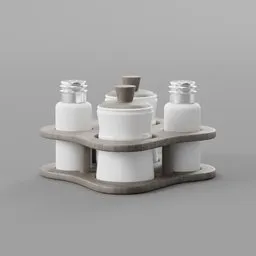 Detailed 3D model featuring condiment dispensers with wooden tray, ideal for Blender rendering and kitchen setup visualization.