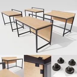 "Get productive with our Single Desk Set collection featuring office desks with minor variations. Made with oak and steel studs, these realistic 3D models offer various angles and an isometric top-down view. Perfect for your Blender 3D projects. "