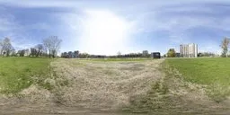 Warsaw Słodowiec Metro Station 17k HDR panorama with unclipped sun and surrounding buildings for realistic urban scene lighting.