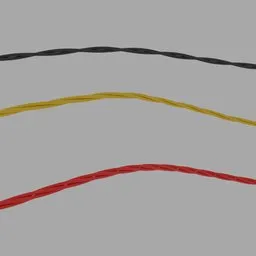 "Twisted cables on a curve - Blender 3D model for construction and electrical engineering. This 3D model features black, yellow, and red wires connected to each other in a procedural rendering. Perfect for sight installation, lamps, and easily routable with extrude function."