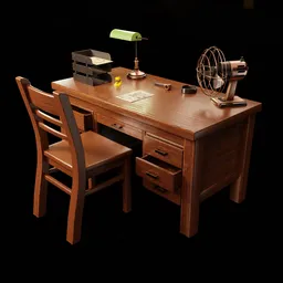 Detailed 3D model of a desk setup with chair, lamp, fan, and accessories, ideal for Blender rendering.