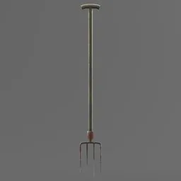 "Realistic Pitchfork for Gardening 3D Model in Blender 3D: inspired by Clovis Trouille, with grass and dirt textures, small necklace, and a sturdy build."