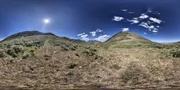 360-degree HDR panorama of a natural landscape with clear blue sky and sun for realistic lighting in 3D scenes.