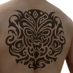 Intricate tribal tattoo pattern brush for 3D sculpting in Blender, detailing symmetric face-like design.