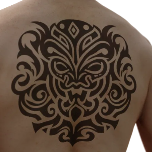 Intricate tribal tattoo pattern brush for 3D sculpting in Blender, detailing symmetric face-like design.
