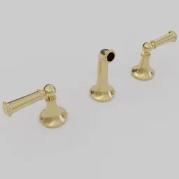"3-hole wall-mounted brass faucet with an ostentatious style, rendered in 3D with Blender 3D software. Great for bathroom furniture projects under the 'bathroomfurniture-faucet' category in BlenderKit."