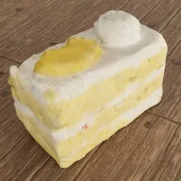 "3D model of a delicious white fruit cake pastry with yellow and white frosting, scanned for realistic texture. Perfect for sweets and dessert designs in Blender 3D software. Inspired by the hyper-realism aesthetic and surface scattering techniques used in Pixar 3D animation."