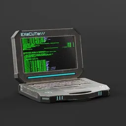 Detailed 3D model of a worn futuristic laptop with illuminated screen and keyboard, suitable for Blender rendering.