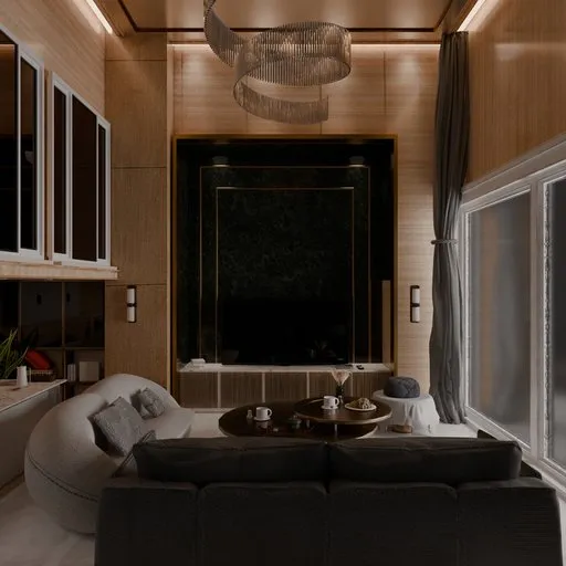 Luxury interior 3D model with elegant furnishings rendered in Blender, showcasing advanced lighting and materials.