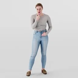 3D model of a slender young girl using a smartphone, poised in casual attire with light blue jeans and gray top.