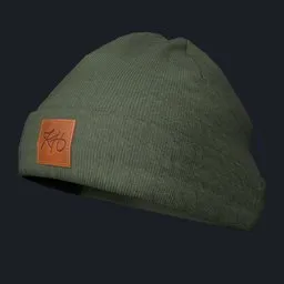 3D ribbed beanie model in olive green with leather logo detail for Blender design enthusiasts