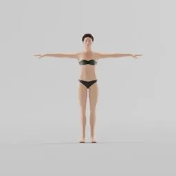 "Angelica, a rigged woman 3D model for Blender 3D, featuring a bikini-clad pose and t-pose with head and upper body portrait. Inspirations include Ryoji Ikeda and Alex Katz, trending on artforum, and styled after Hiroshi Sugimoto. Perfect for testing and avatar creation."