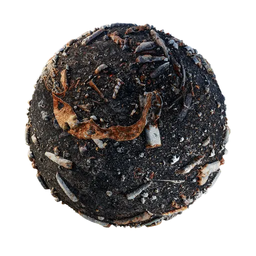 High-resolution dirty ground PBR texture with scrap metal elements for 3D Blender projects, ideal for creating realistic junkyard scenes.