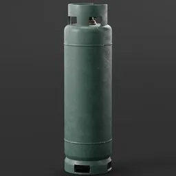 "Realistic propane and gas tank 3D model with metal cap and green bottle. Perfect for industrial container scenes in Blender 3D. Created by Ladrönn with high definition and detailed shading."