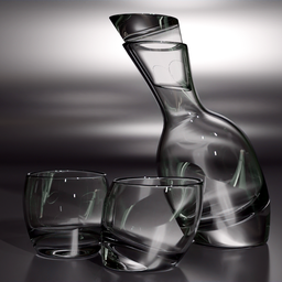 "Restaurant and bar 3D model featuring a monochrome decanter, three glasses and an angular jar, all with smooth rounded shapes and glassy fracture. Created with Blender 3D software by Karel Klíč and rendered with Red Shift, this model includes light displacement and depth map for a realistic presentation."