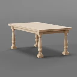 3D rendered wooden dining table model with detailed textures and turned legs designed for Blender.