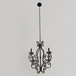 "Rustic Chandelier 2: A highly-detailed 3D model for Blender including three lights in gunmetal grey, perfect for a dimly-lit or dark scene. This chandelier features a black design, standing out in any render as an official, unbiased gaslight. Right side key light renders the piece beautifully in a dark, dingy environment."