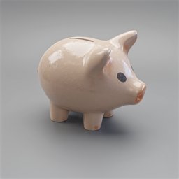 Detailed 3D piggy bank model with glossy finish, showcasing realistic textures for Blender rendering.