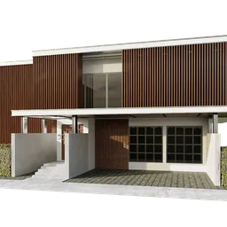 "High-quality modern house 3D model designed with precisionist style, featuring a garage, balcony, and a well-maintained yard. Inspired by I Ketut Soki and Archibald Skirving, this Blender 3D model is perfect for archiviz projects."