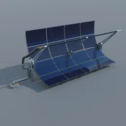 Alt text: "Solar water heating system 3D model for agriculture in Blender 3D - electric station with sun collectors for sustainability and warping. Dynamic folds and robotic extended arms in videogame render. Thievery equipment unused design version 3."