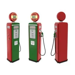 Vintage-style 3D gasoline pump, Blender-compatible, high-detail industrial model with hose and nozzle.