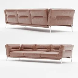 Contemporary 3D model of a plush sofa with goose-down cushions, detailed piping, and cast-aluminum feet designed for Blender renders.